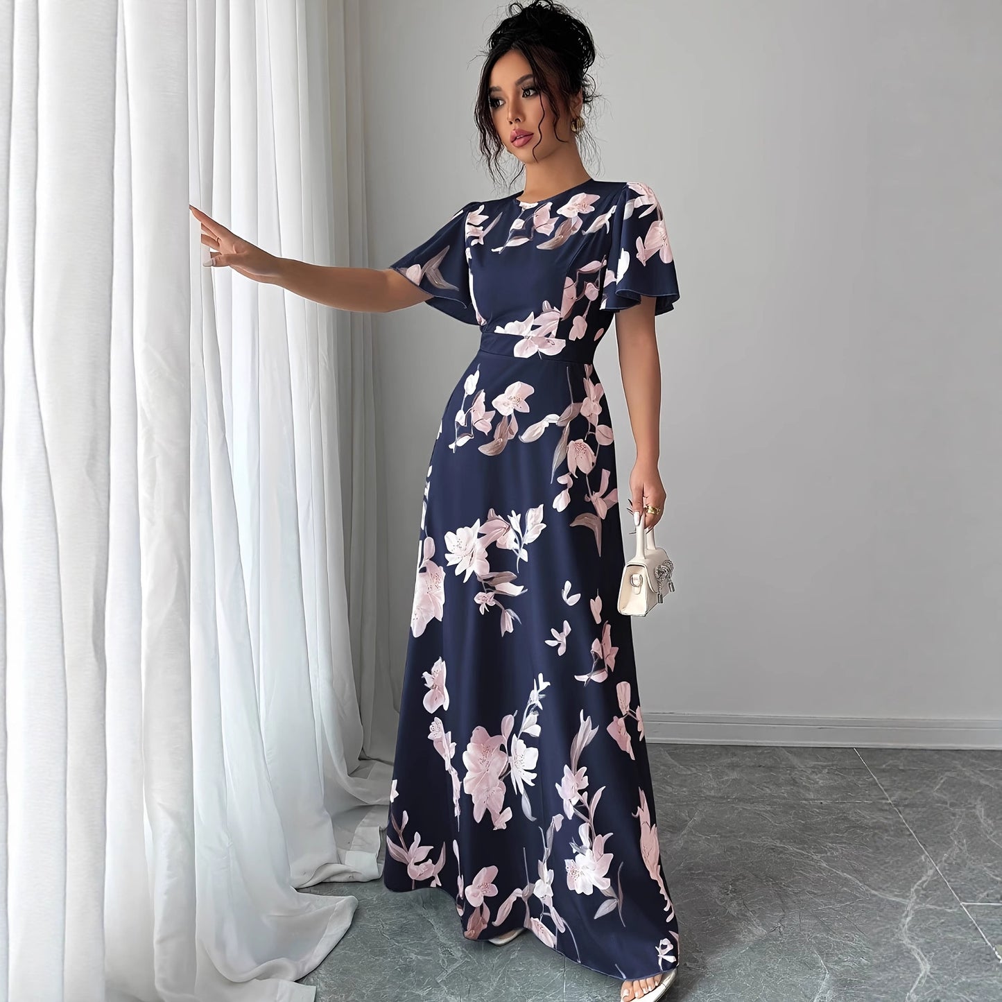 Floral Waist-cinching Dress, Crew-neck, Short-sleeve